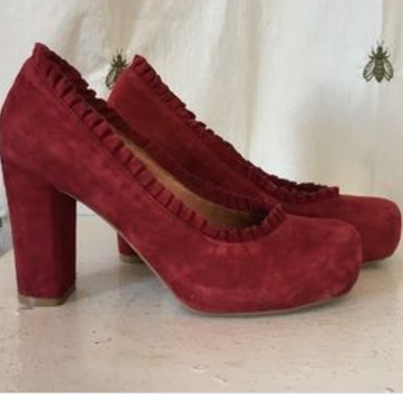 Jeffrey Campbell Wine Ruffle Trim Suede Heels - Picture 2 of 4